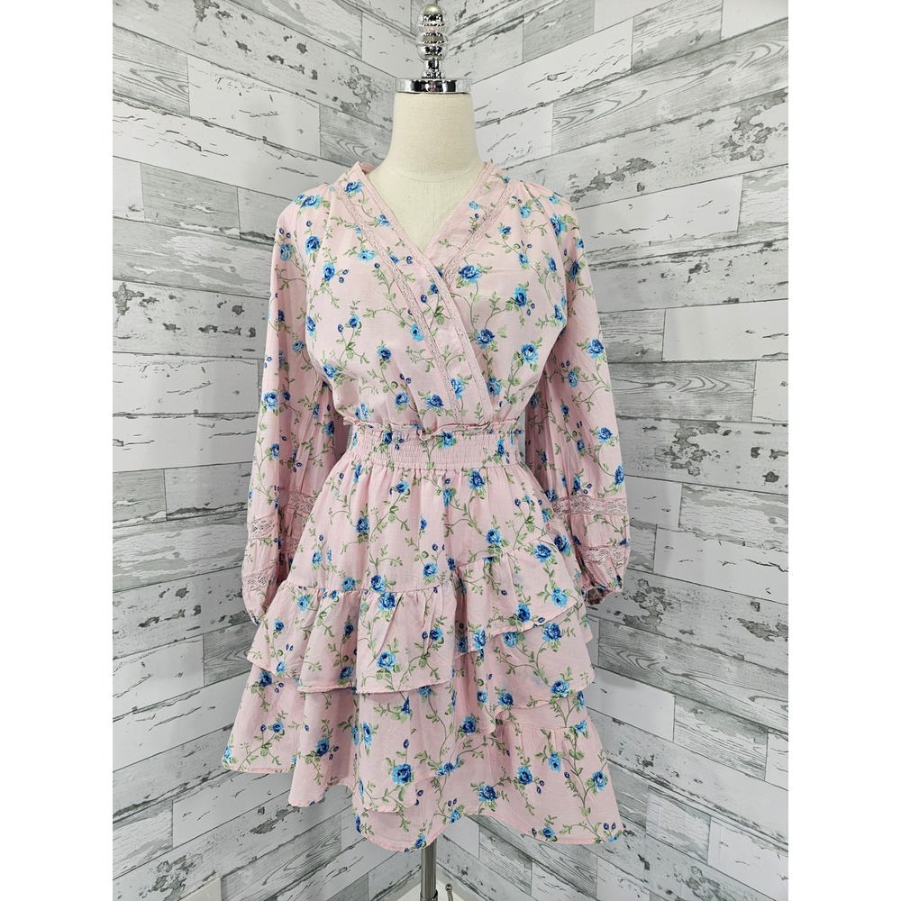 LoveShackFancy Target Pink Blue Floral Tiered Ruffle Mini Dress Large Cotton L